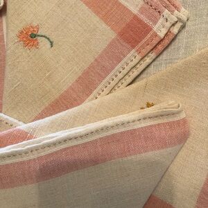 Vintage Italian Linen Striped Pink & Floral Tablecloth With 6 Napkins 48 X 66